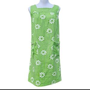 Lime Green Floral Stripe Dress VTG 60s70s Reigning Beauty Sleeveless Square Neck